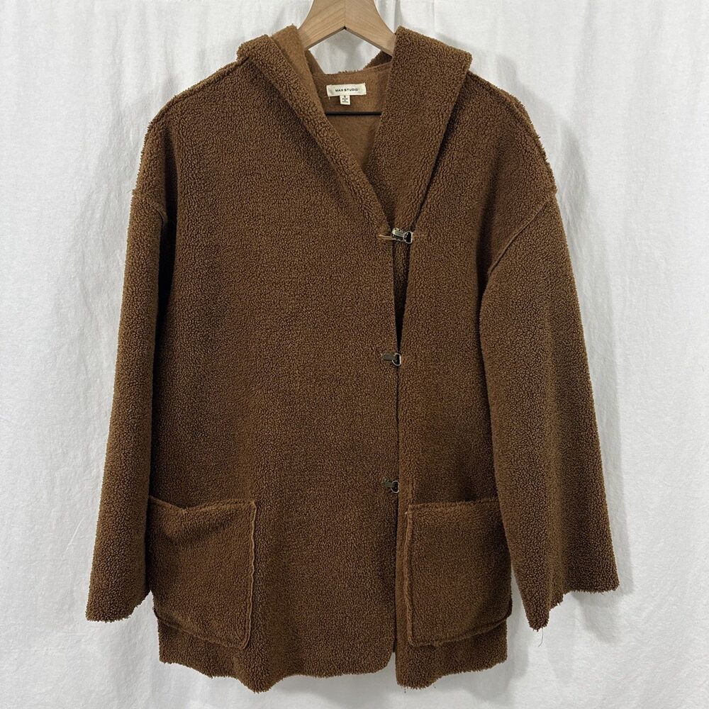 Max Studio Camel Tan Sherpa Hooded Jacket Women’s Size S Fall Outdoor Cozy